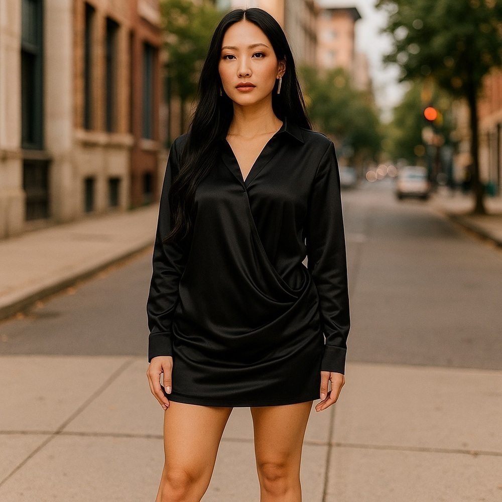 Women's Black Satin Shirt Dress
New